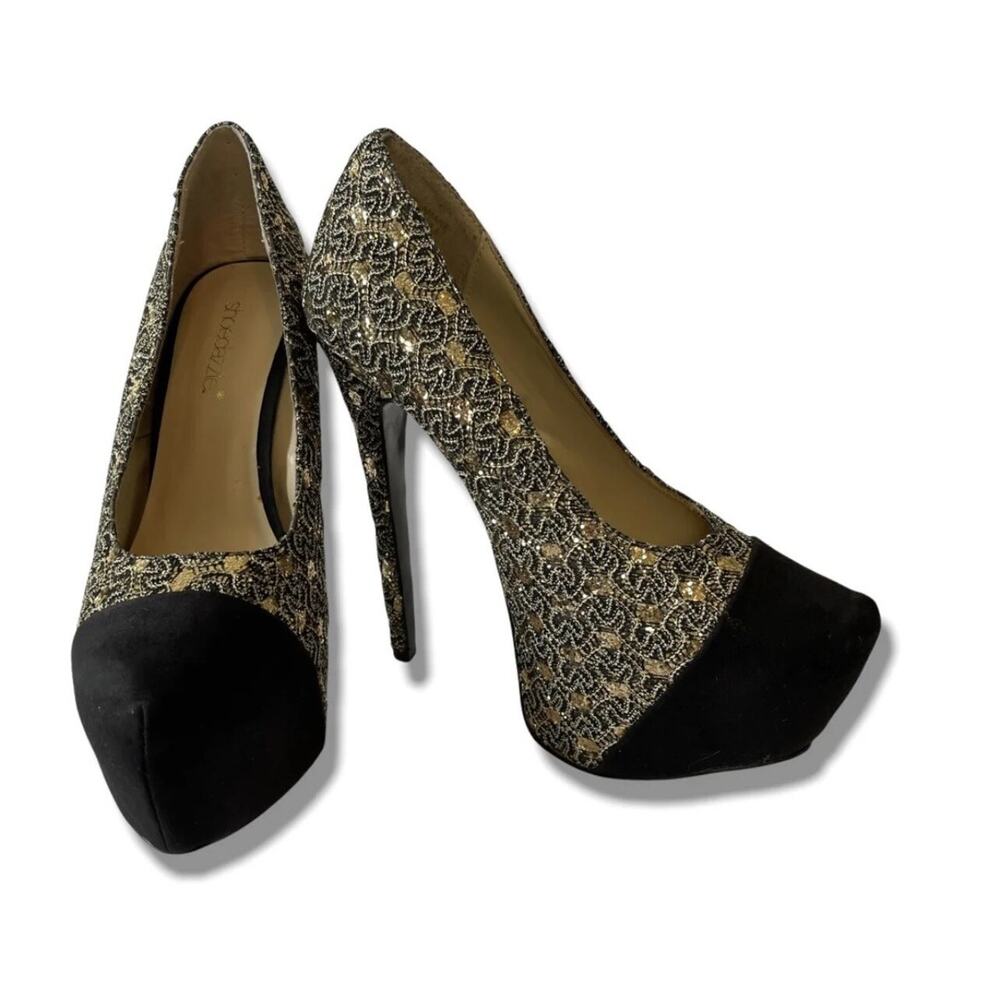 ShoeDazzle Stiletto Heels Pumps Women's 8.5 Gold Black Glitter Clubwear Dancer